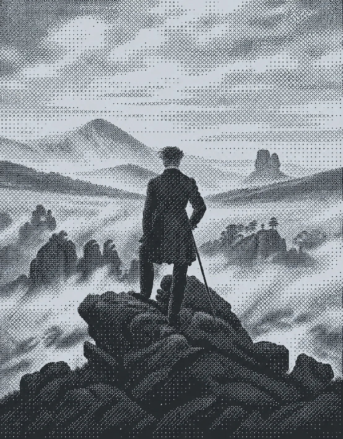 Caspar David Friedrich's Wanderer above the Sea of Fog, rendered as a dithered pixel image